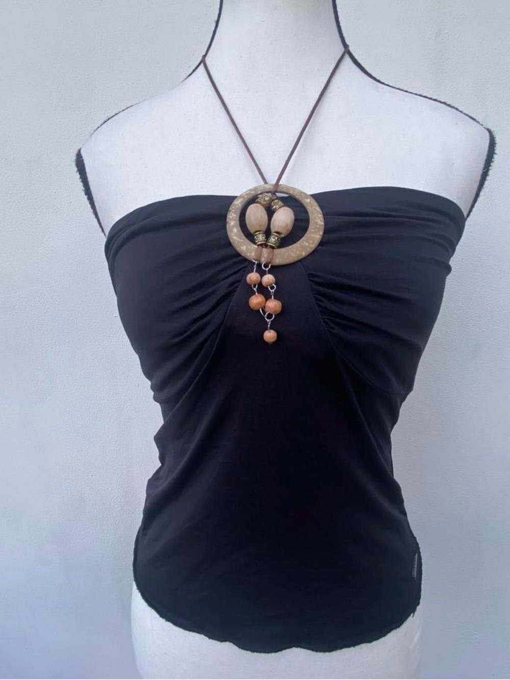 Y2K EURO Boho Fairy Black Ruched Beaded Statement Halter Top Size Small Medium